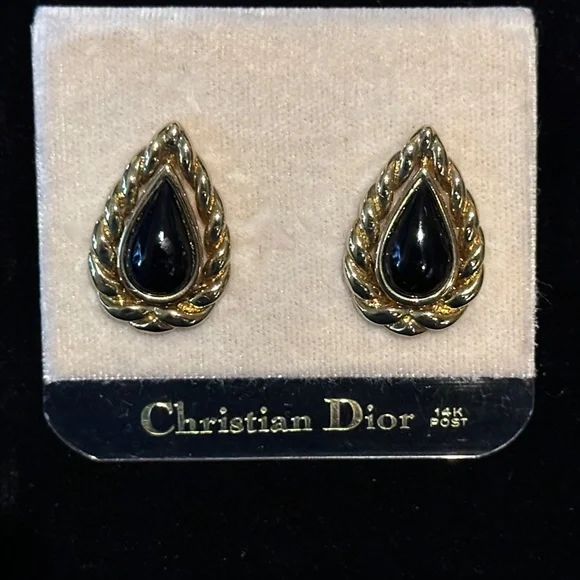 Christian Dior Earrings - Faux Onxy and Gold Tear Drop Shape Earrings - Vtg. 90s
